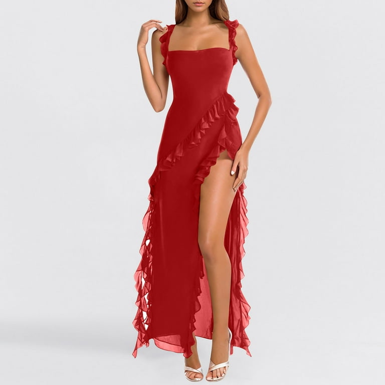 Efsteb Womens Spaghetti Strap High Slit Bodycon Maxi Dress Square