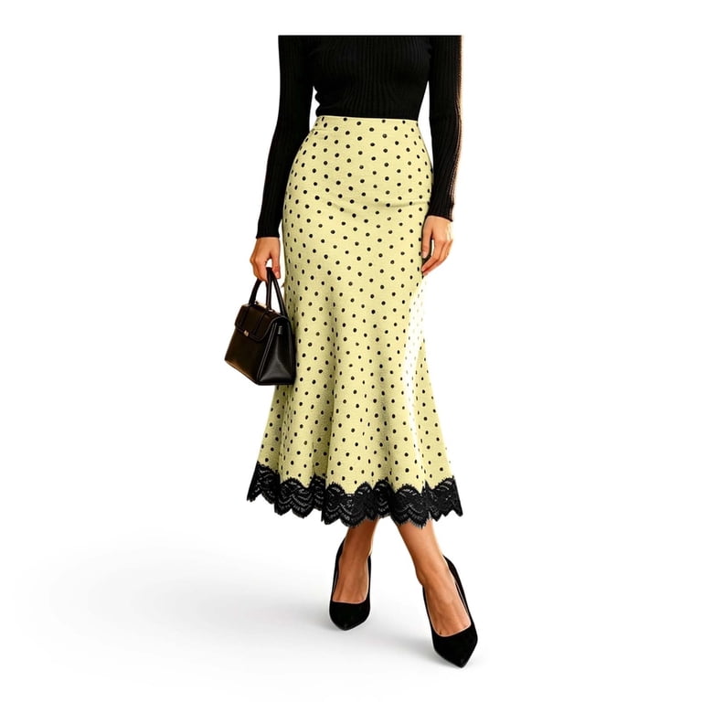 Yxbdin Mermaid Skirt Women Midi Lace Patchwork Polka Dot Print Bodycon ...