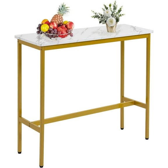 44.5" Narrow Rectangular Bar Table with Adjustable Feet and Floor Protector, Gold Metal Legs, White