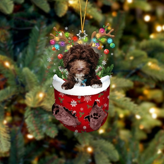Acrylic 2D FLAT - CHOCOLATE goldendoodle In Snow Pocket Christmas Ornament Flat Acrylic Dog Ornament - Holiday Tree Decoration