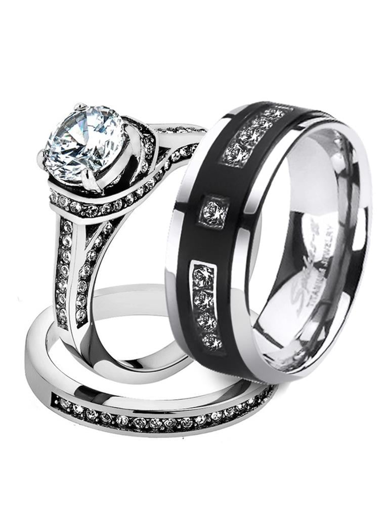 His Hers Silver Stainless Steel Round CZ Wedding Set Mens 3 CZ Gold Stripe Band 