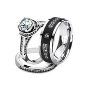 Her His 3pc Stainless Steel Wedding Engagement Ring & Titanium Wedding Band Set Women's Size 05 Men's Size 05