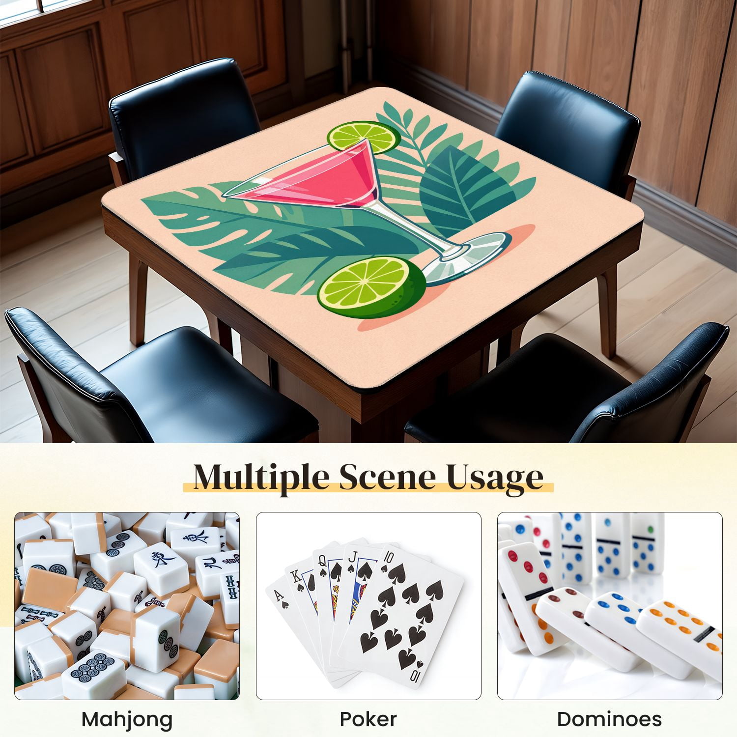 Mahjong Mat 31.5" x 31.5" Pink Cocktail Lime Slice Tropical Leaves Non-Slip Noise Reduction Mahjong Tiles Table Cover for Dominoes Poker Card Board and Tile Games