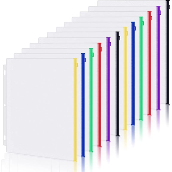 12 Pack Letter Size Binder Pockets 3 Ring Binder Multicolor Zipper Pouches Document Organizer, PVC 3-Hole Loose Leaf File Folders Insert Sleeves Page Sheet Protectors Business Office Supplies