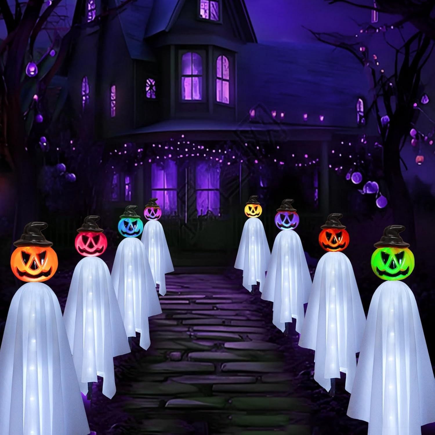 Solar Powered Pumpkin Ghost Lights for Halloween Outdoor Yard Decor