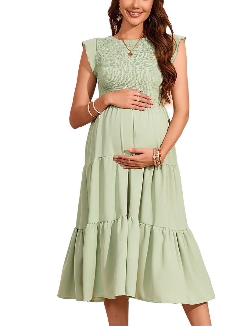 Deago Womens Summer Maternity Dress for Photoshoot Baby Shower Casual Ruffle Sleeve Boho Maxi Smocked Pregnancy Dresses (Green, M)