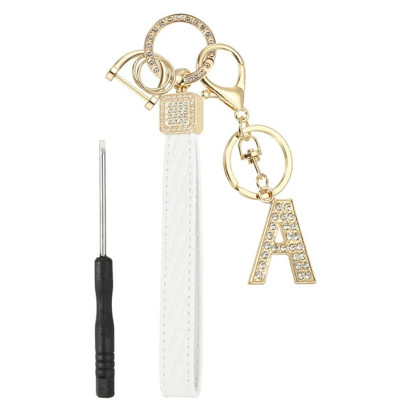 Leather Wristlet Keychain, Letter A Keychains with Key Ring and D Ring Car Keys Keychain Decorative Alphabet Key Chain for Bag Backpack DIY, Gold Tone