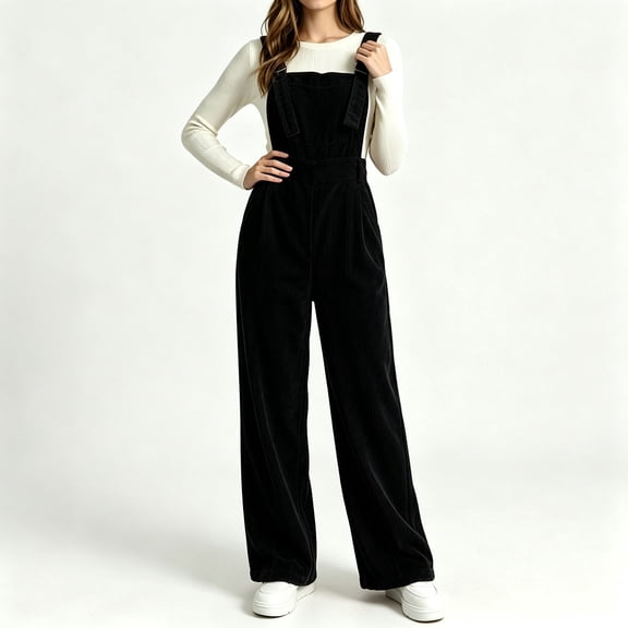 Karymi Overalls for Women, Corduroy Overalls, Adjustable Wide Strap Bib Jumpsuit, High Waist Loose Straight Leg Pants