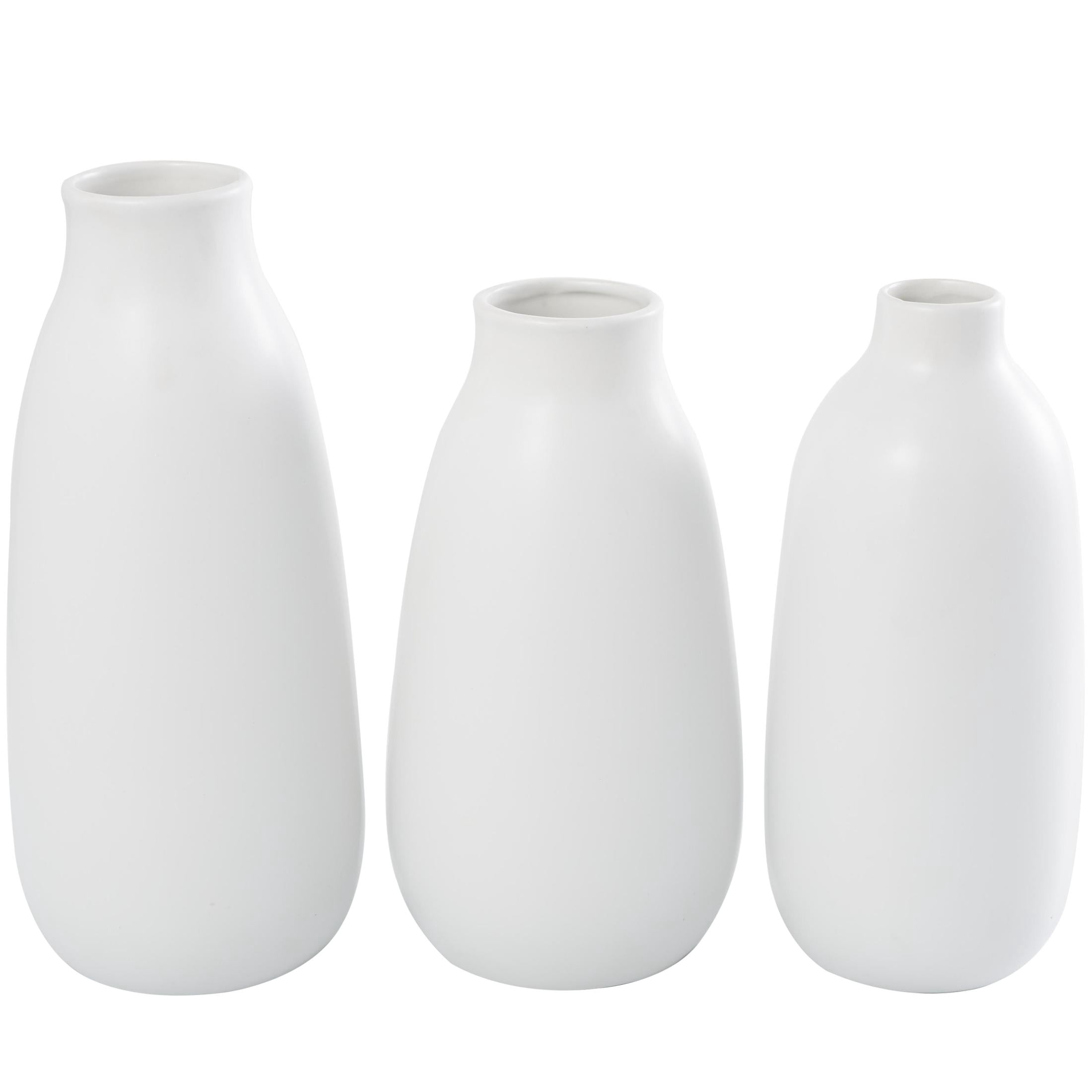 DecMode 13", 11", 12"H Floral White Ceramic Vase with Black Lavender Prints, Set of 3