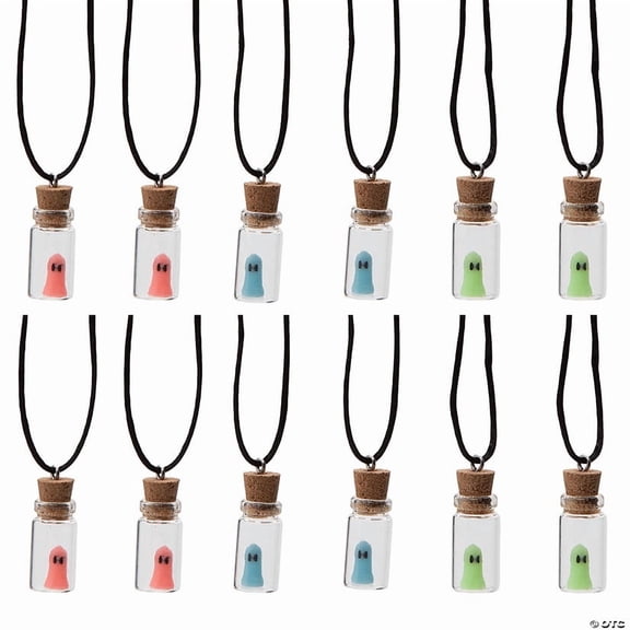 24" Halloween Glow-in-the-Dark Ghost Potion Bottle Breakaway Necklaces – 12 Pieces