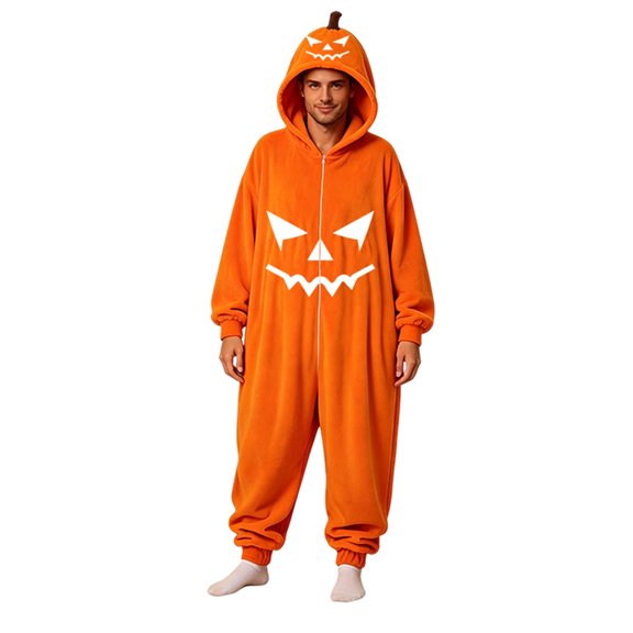 LILIYA Halloween Hooded Onesie, Warm Adult Jumpsuit, Plush Long Sleeve Loungewear for Couples, Comfy Bodysuit with Front Pockets, Soft One-Piece Pajamas