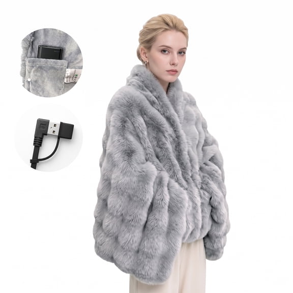 Heated Throw Blanket Wearable Faux Fur Shawl with Pockets, 31.5"x60"