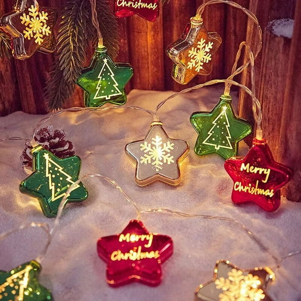 Decoraciones navideñas, Panel de batería de planeta de cinco puntas galvanizado, cadena de luz colorida, colgante de decoración de árbol de Navidad