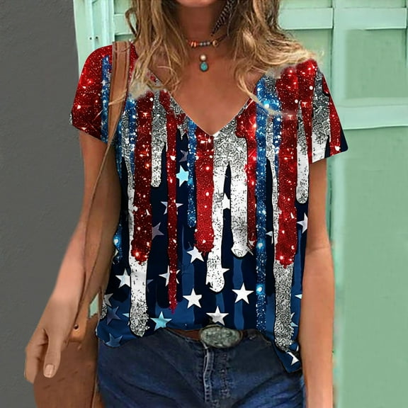Fartey Women's 4th of July Shirts Casual Patriotic USA Flag Graphic Tshirts Loose Fit Short Sleeve Tees Lightweight V Neck Blouses Tops Workout Tops for Women
