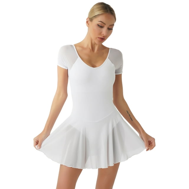 Oyolan Justaucorps de Ballet pour Femmes à Manches Courtes avec Jupe Robe de Danse de Ballet Justaucorps de Gymnastique Blanc TG