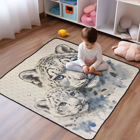 WOBOGO Two Snow Peopards Painting Baby Playmats Extra Large Waterproof Rollable Activity Pads for Toddlers 50×50inch