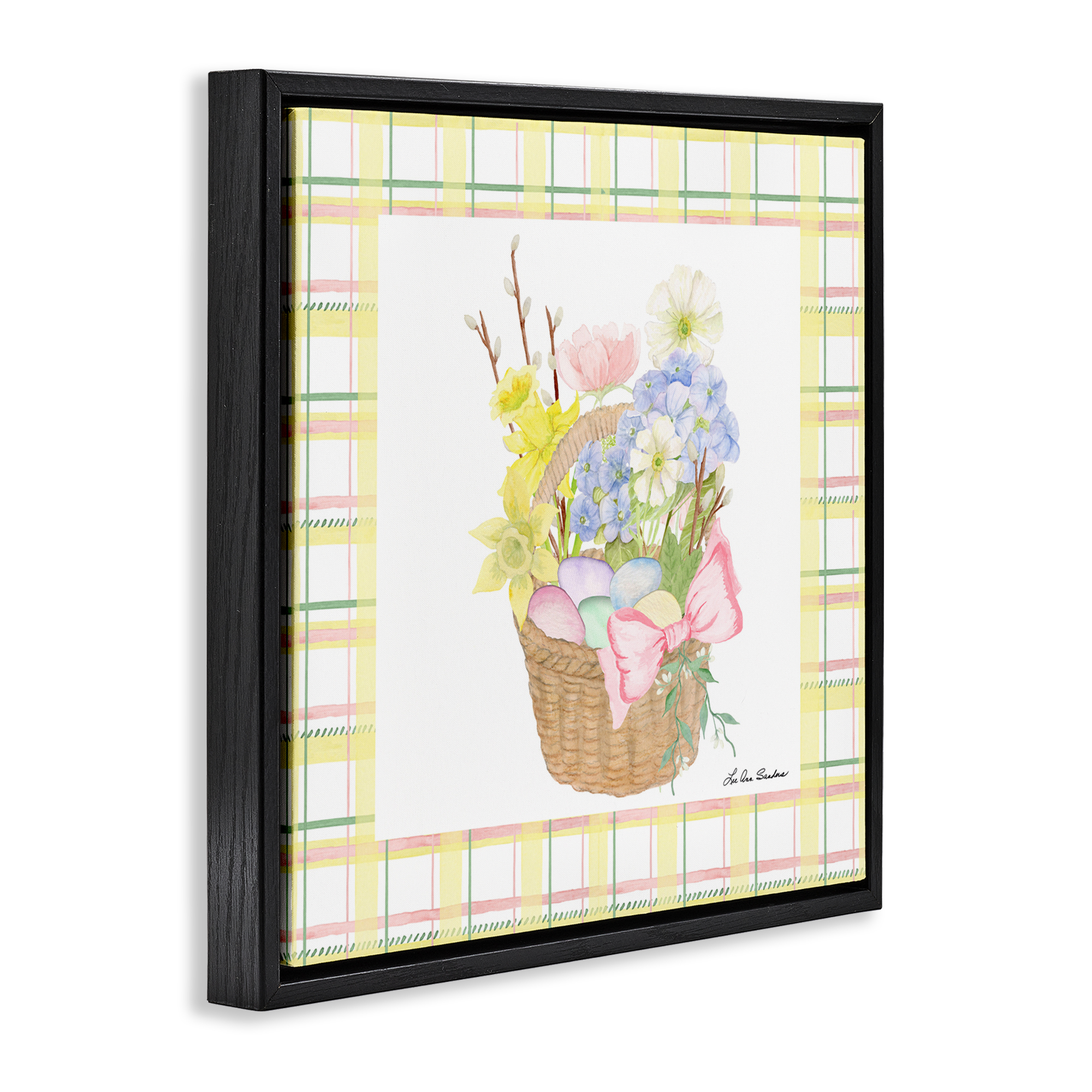 Spring Basket on Plaid Black Framed Floater Canvas Wall Art, design by Lee Ann Sanders