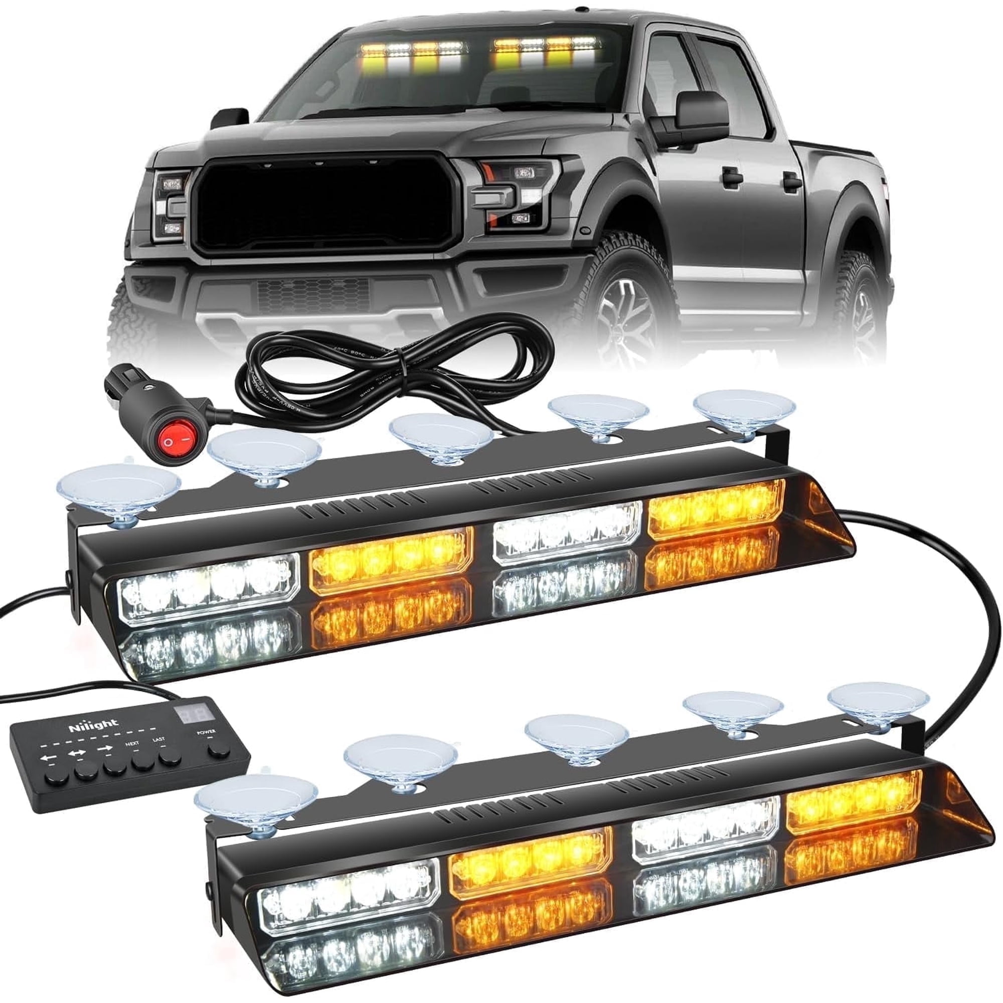 Nilight 32Led Amber White Emergency Dash Strobe Lights with Controller Suction Cups Warning Hazard Interior Front/Rear Windshield Deck Split Light Bar for Truck
