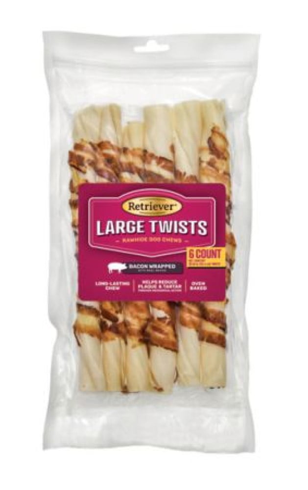 Retriever Large Twists OvenBaked Real Bacon Wrapped Rawhide Dog Chews 6 Count