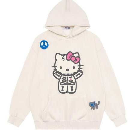 

Unisex Cozy Sanrio Hello Kitty Halloween Skeleton Punk 100% Cotton Hooded Sweater Plush Thickened Hoodie High-Quality Trendy Festive Must-Have Y2k Fashion