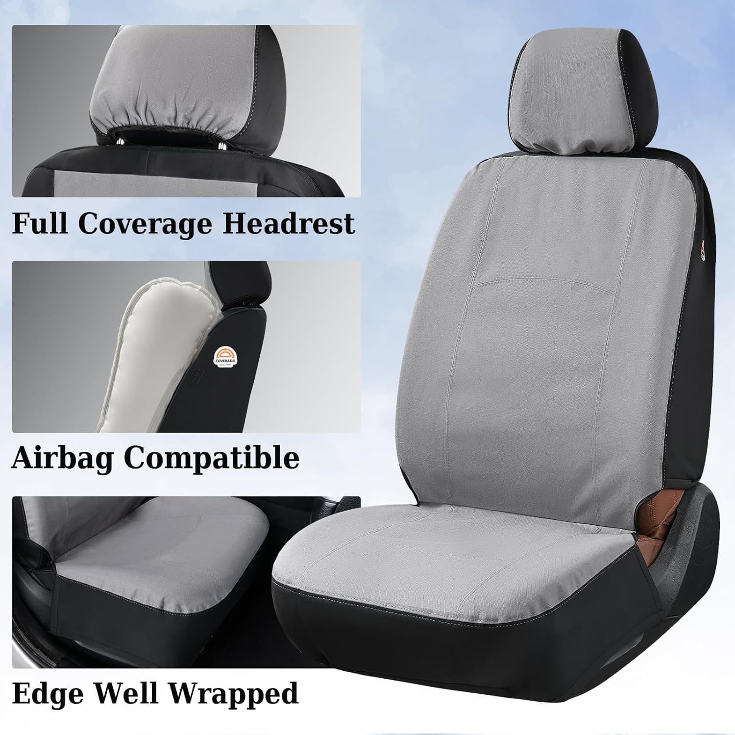 Coverado Front Car Seat Covers 2 Seats, Waterproof Canvas Seat Protectors, Car Seat Cushions for Kids & Dogs, Universal Fit Most Cars SUV Trucks, Gray