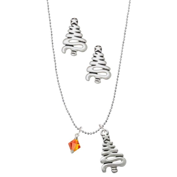 Delight Jewelry Orange Crystal Bicone Silver tone Zig Zag Christmas Tree Charm Necklace and Stud Earrings