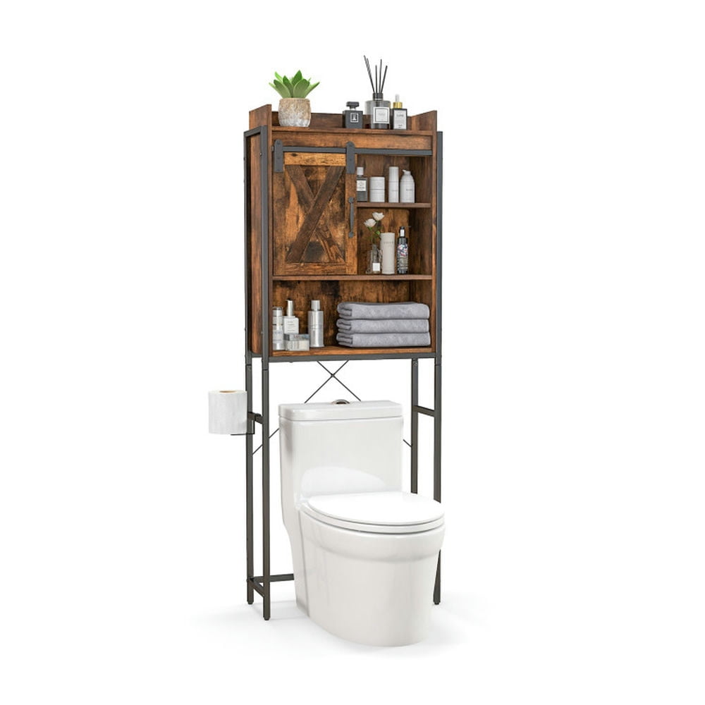 Finihen Toilet Storage Cabinet, Bathroom Cabinet Organizer, 4-Tier Multifunctional Toilet Sorage Cabinet with Adjustable Shelf and Sliding Barn Door, for Bathroom, Rustic Brown