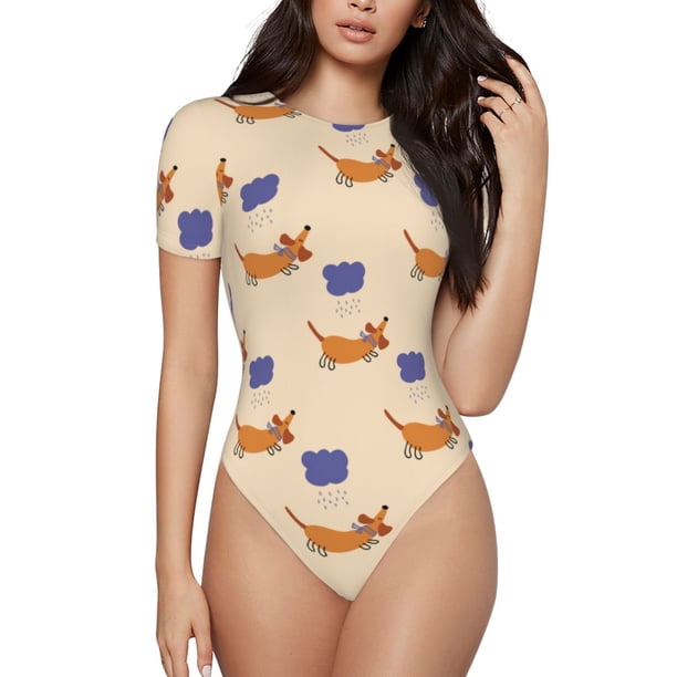 Fotbe Dachshund Body de Mujer con Cuello Redondo y Mangas Cortas, Sin Mangas Ajustado, Suave, Cómodo y Básico-Medium