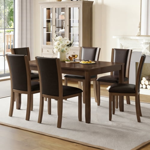 Modern 7 Piece Dining Table Set with 6 Upholstered Chairs, Wooden  Rectangular Dining Table Set for 6 with Chairs, for Dining Room, Kitchen, Restaurant, Walnut