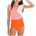 thumbnail image 2 of YTCAMLO Little Girls One Piece Swimsuits Summer Fashion Color Block Patchwork V Neck Ruffle Sleeve Bathing Suits Quick Dry Beach Swimwear, Orange 13-14 Years, 2 of 8