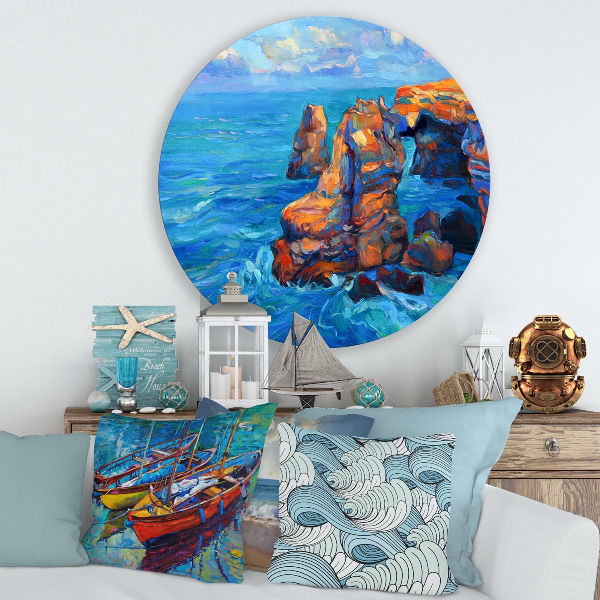 Designart 'The Blue Ocean By Rocky Cliffs' Nautical & Coastal Circle Metal Wall Art 36x36 - Disc of 36