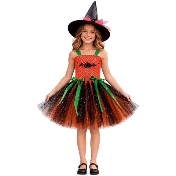 Toddler Girls Halloween Tulle Dress Girls Mesh Overlay Dress With Pumpkin Appliques Party Dance Performance Dress Lightweight Fabric