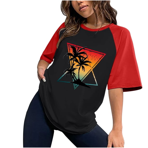 Tops con estampado de sol de playa de manga corta de ocio con cuello redondo de verano para mujer OAVQHLG3B Store lin121212
