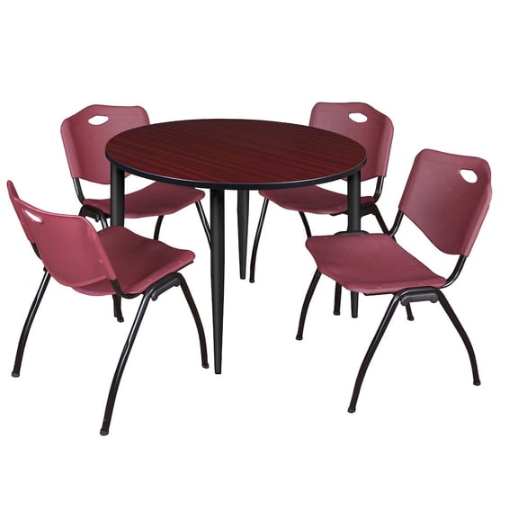 Regency Kahlo 48 in. Round Breakroom Table- Mahogany Top, Black Base & 4 M Stack Chairs- Burgundy