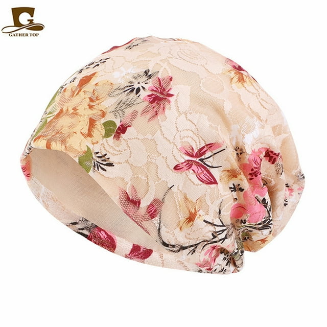 Bonnets Bombers Pliables en Maille Rafraîchissante pour Femmes Imprimé Floral Fait Main Coton Chimiothérapie Perte de Cheveux Marron