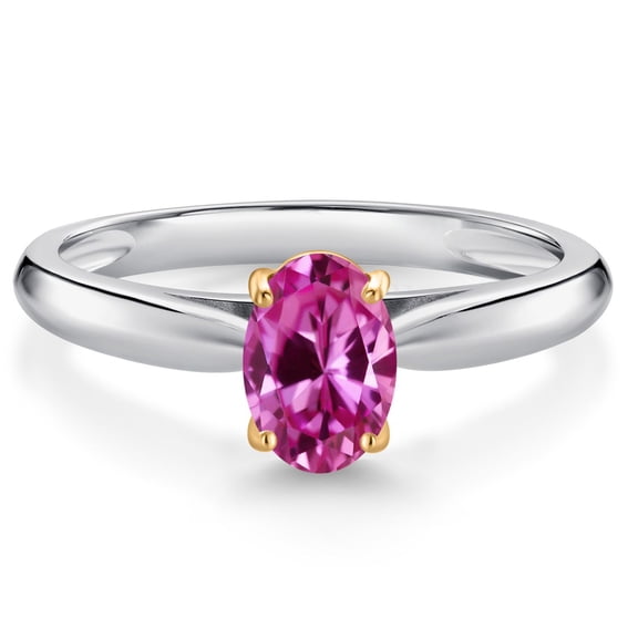Gem Stone King 10K White and Yellow Gold Pink Created Sapphire Solitaire Engagement Ring for Women (0.90 Cttw, Oval 7X5MM, Gemstone September Birthstone, Size 9)