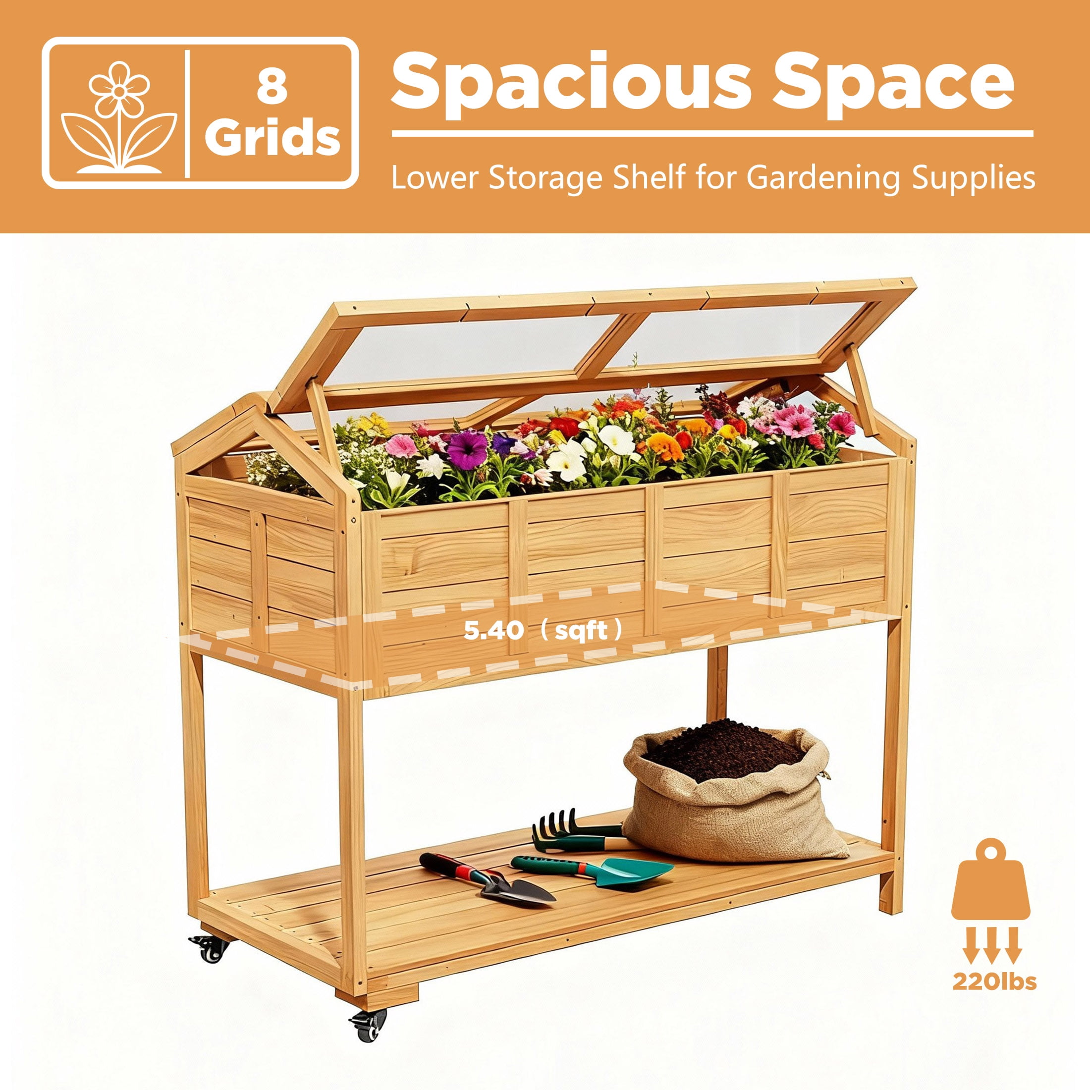 Mobile Raised Garden Bed, Elevated Wooden Planter Box Cart with Storage Shelf ,Cold Frame with Translucent PC Protection,Nature