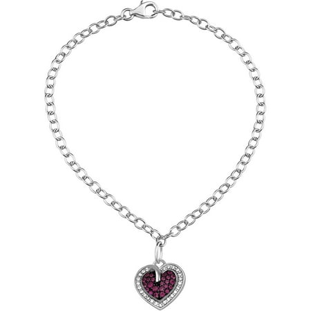 Ruby Crystal and White CZ Sterling Silver Heart Charm Bracelet, 8