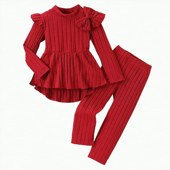 REgarm Kid Toddler Girl Clothes Ruffle Long Sleeve Top Solid Color Pants Fall Winter Outfit Set (Red,7-8 Years)