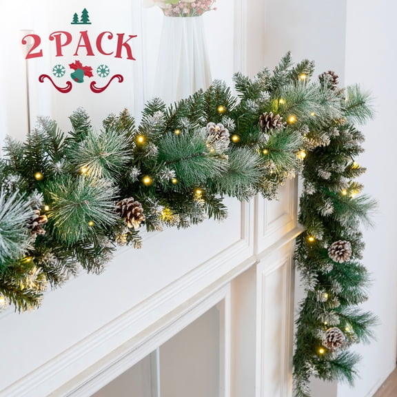 2 Pack 9ft Pre-Lit Christmas Garland with 100 LED Lights w/ 8 Modes & Timer for Outdoor Indoor Xmas Decoration Fireplace Mantle Stairs Doorway Railings Decor, Battery Operated