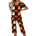 thumbnail image 3 of Women's Halloween Lounge Set Short Sleeve Round Neck Top and Capri Pants with Pockets Ghost Print Breathable Soft Pajama Set Casual Sportswear for Daily Wear Orange M, 3 of 6