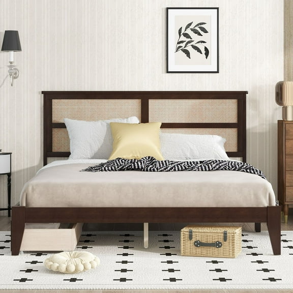 Noble House King Size Bed, Solid Rubber Wood Frame with Woven Rattan Headboard & 2 Storage Drawers, Espresso