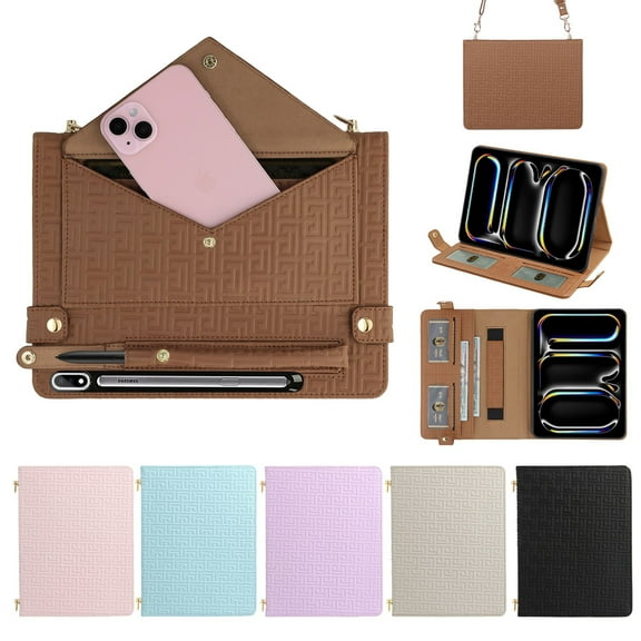 ELEHOLD for Samsung Tab S9Plus/S8Plus/S7Plus/S7FE Case, Soft PU Leather Pencil Holder Money Pocket Card Holder Kickstand S Pen Slot Shockproof Flip Cover with Shoulder Strap,Brown