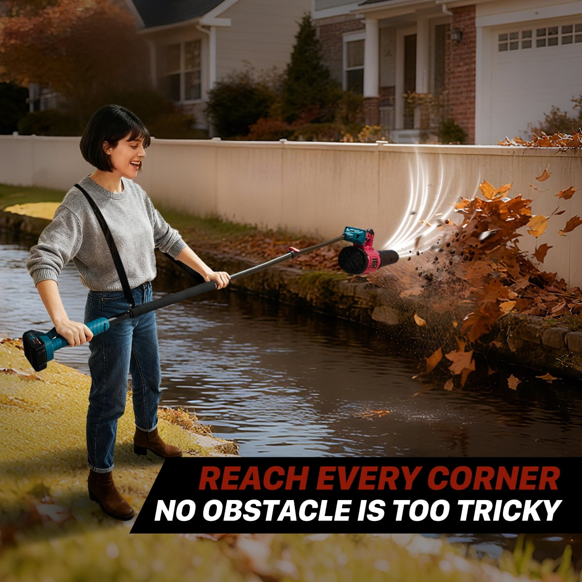 The JOVANT 2-in-1 cordless pole leaf blower extends up to 15.3 feet, with an airflow of 615 CFM and 6 speed settings. It includes two 4.0Ah batteries and a charger. Suitable for clearing leaves, roof