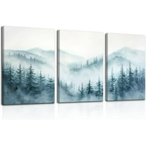 Hieng Foggy Forest Trees Landscape Wall Art, Blue Misty Spruce Forest Painting Artwork, Nature Scene Canvas Art for Living Room, Bedroom Unframed