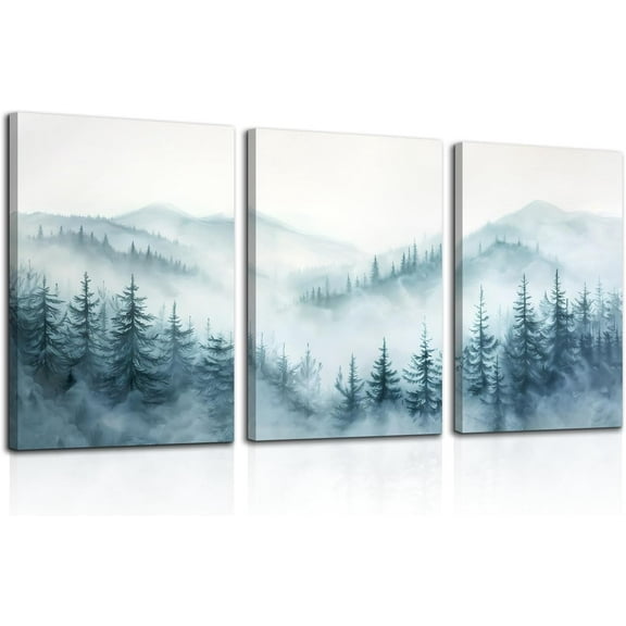Hieng Foggy Forest Trees Landscape Wall Art, Blue Misty Spruce Forest Painting Artwork, Nature Scene Canvas Art for Living Room, Bedroom Unframed