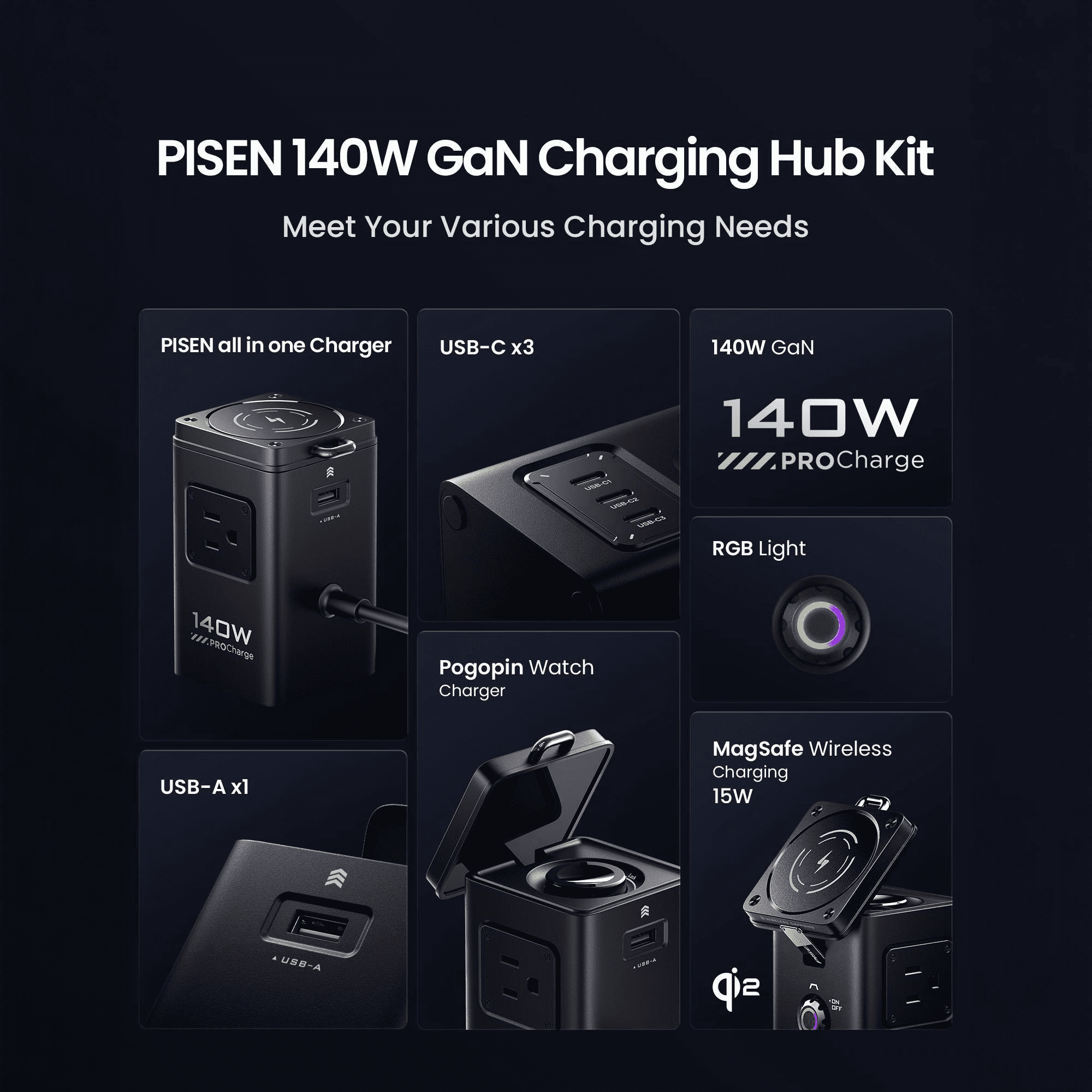 PISEN 8-in-1 Charging Station, 140W Charging Station for Multiple Devices, Magnetic Qi2 Wireless Charger for iPhone Series, Wireless Charging Station for Apple Watch