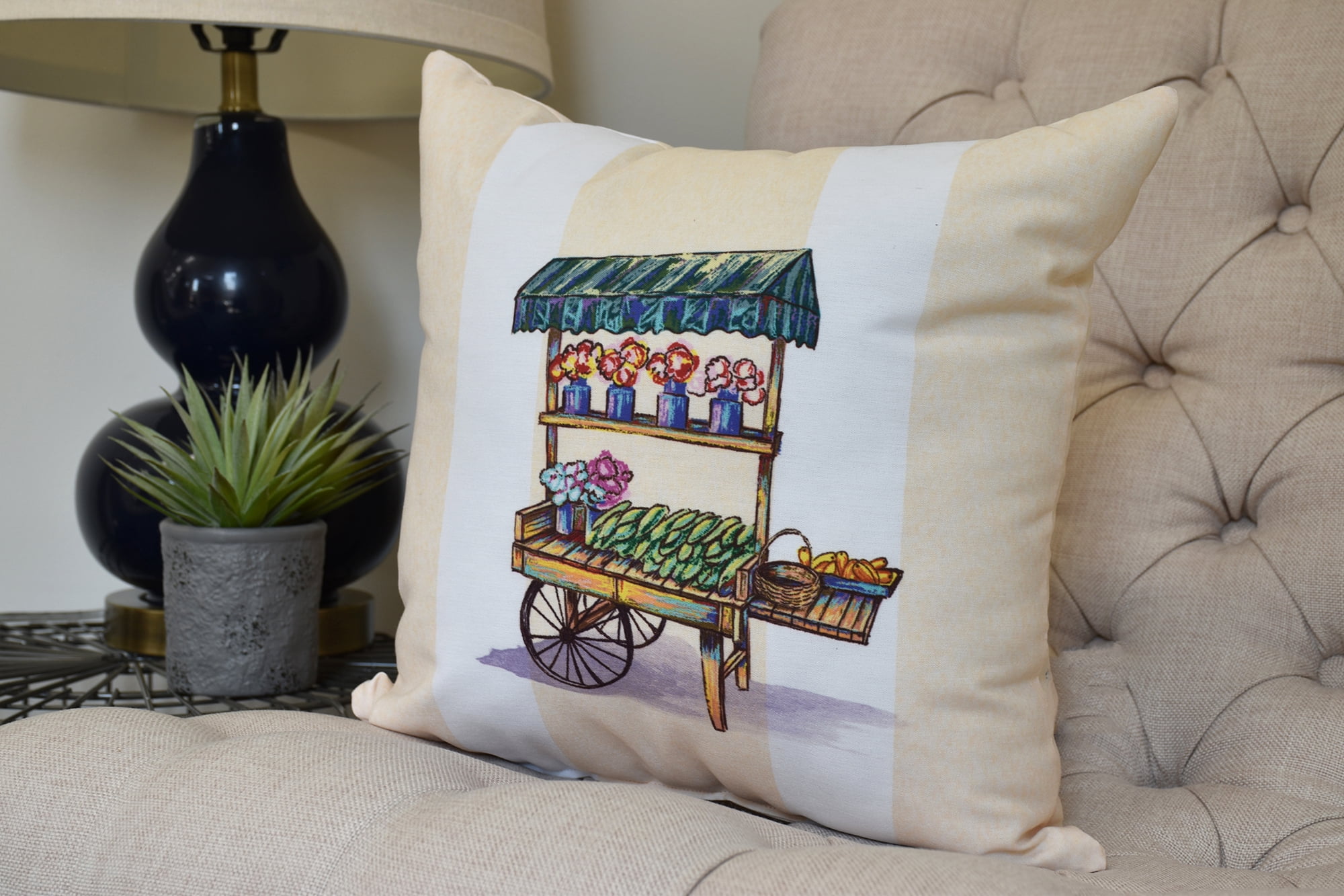 Simply Daisy, 16 x 16inch,Veggie Cart Decorative Pillow,Yellow