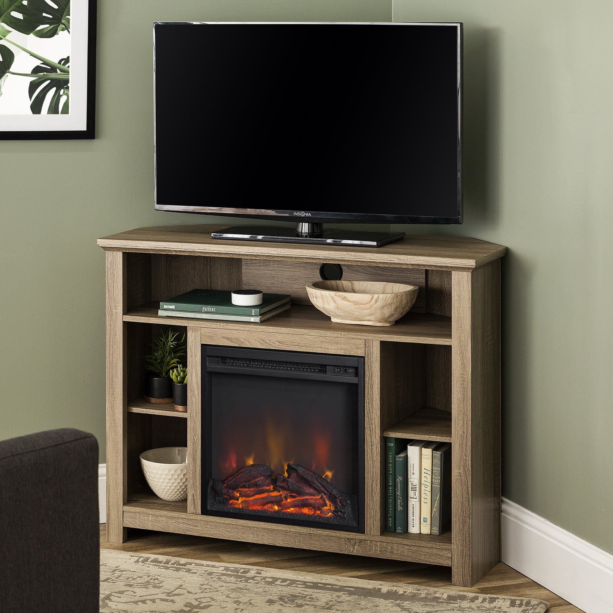 Manor Park Tall Corner Fireplace Tv, Corner Tv Stand With Built In Surround Sound And Fireplace