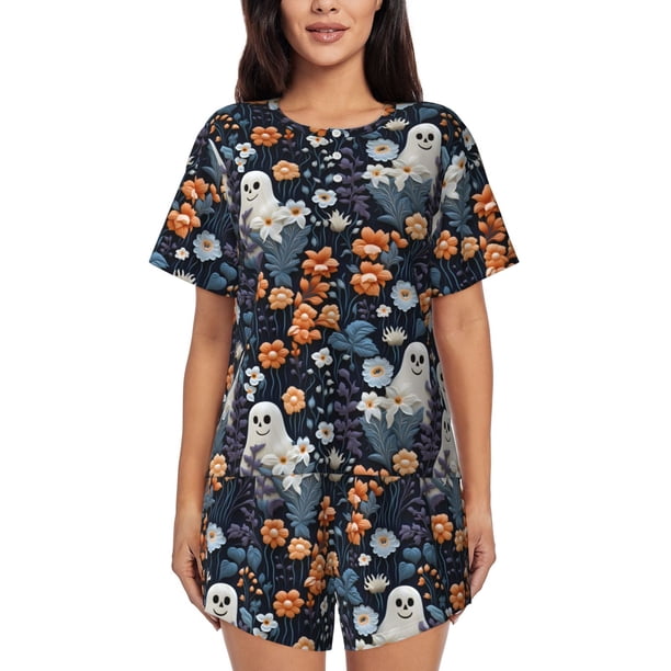 Fotbe Cute ghost in the flowers Conjunto de Pijama Estampado para Mujer, 2 Piezas, Ropa de Dormir con Camiseta de Manga Corta y Shorts Suaves-X-Large